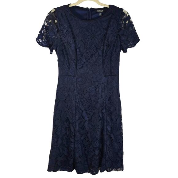 M Kensie Lace Navy Dress Floral Short Sleeve Women's Size 4 Black Trim Fit Flare - Picture 1 of 10